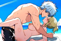 1boy 1girls ai_generated beach blonde_hair blush closed_eyes clothed_male_nude_female cum cum_inside dreson female gintama gintoki_sakata male medium_breasts missionary_position muscular_male nude outside ponytail profile sweat tongue_out topless_male tsukuyo white_hair