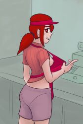 blueycitrus breasts cash_register flashing parasoul pierced_nipples ponytail red_eyes red_hair shorts skullgirls tagme