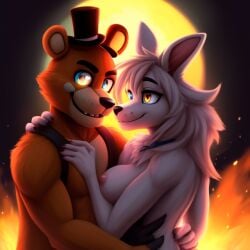 1:1 1boy 1boy1girl 1girls ai_generated anthro anthro_on_anthro arctic_fox bear bear_ears beige_fur black_pupils blue_eyes brown_bear brown_fur connection_terminated eyebrows eyelashes female feral feral_on_feral feral_only fire five_nights_at_freddy's five_nights_at_freddy's_2 fox fox_ears fox_girl fox_humanoid frosting.ai furry furry_only grin grizzly_bear hair heterochromia hugging long_hair looking_at_another looking_at_partner looking_at_viewer love lovers loving_couple male male/female mangle_(fnaf) medium_breasts muscular nipples pink_fur slim smile snout sun top_hat toy_freddy_(fnaf) tuft two_tone_fur wavy_hair whisker_markings white_body white_fur white_sclera yellow_eyes