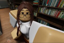 1girls 3d artist_name brown_hair dark_skin glasses library neafy roblox robloxian self_upload selfie tagme watermark white_shirt