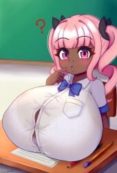 ? big_breasts blush breasts_on_table classroom dark-skinned_female dark_skin drill drill_hair looking_at_viewer mia_(sr.weboz) oppai_loli pink_eyes pink_hair school_uniform schoolgirl sr.weboz twintails visible_bra_through_clothes