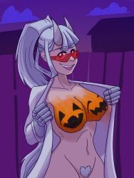 1girls azazel_(helltaker) blueycitrus breasts halloween helltaker horns long_hair loremaster_(helltaker) pubic_hair red-tinted_eyewear red_eyes solo solo_female sunglasses tagme tinted_eyewear