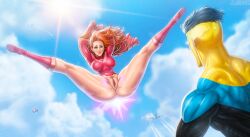 1boy 1girls arms_behind_head atom_eve big_pussy clouds exhibitionism female female_focus flying ginger green_eyes invincible invincible_(superhero) jojobanks legs_spread looking_at_pussy male omni-man pantsless plane presenting pubic_hair red_hair skin_tight_suit sky smiling superhero superheroine