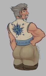 1boy ass bara blue_eyes clothed disney gay gray_hair grey_hair grin human king_magnifico looking_back male male_only muscular muscular_male peluchemagico24 self_upload simple_background solo tagme wish_(film) yaoi