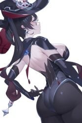 1female ass big_ass black_stockings female female_only genshin_impact hoyoverse kaneko_(bblogtinhan) looking_at_viewer mona_(genshin_impact) sideboob solo tagme