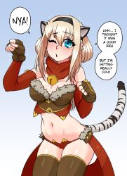 big_breasts blonde_hair blue_eyes blush born_of_itheriont cat_ears clothing cosplay exposed_torso gloves kawa-v leiko_stauss long_hair miia_disain solo solo_female tail text thighs