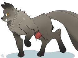 absurd_res alternate_version_available animal_genitalia animal_penis anthro balls ballsack big_balls black_fur canid canine canis feral fur hi_res just_mae mammal one_leg_up paws red signature simple_background smile sweat sweatdrop sweaty_balls tail watermark wolf yellow_eyes