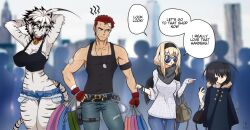 alyn_wiskarin big_breasts black_hair blonde_hair blue_eyes born_of_itheriont clothing female kawa-v kazan_eld leiko_stauss male miia_disain multicolored_hair multiple_girls people_in_background red_hair shopping