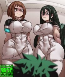 1boy 2girls android android_girl ass ass_visible_through_thighs big_breasts brown_hair butt crossover detroit:_become_human female green_hair izuku_midoriya large_breasts long_hair male my_hero_academia ochako_uraraka shosho_oekaki skirt thick_thighs thighs trio tsuyu_asui wide_hips