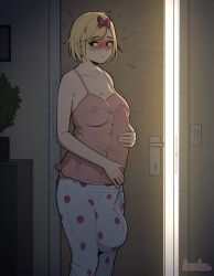 1futa 2023 2d balls big_balls big_penis blonde_hair blush bow breasts bulge cleavage closed_mouth clothed clothing color erect_nipples erect_nipples_under_clothes erect_penis erection erection_under_clothes fully_clothed futa_only futanari hair_ornament hairbow holding_penis huge_balls huge_cock huge_penis human indoors inside large_balls large_penis lewdua light-skinned_futanari light_skin masturbation nervous nessie_(lewdua) nipple_bulge nipples nipples_visible_through_clothing open_eyes original penis shaking solo standing stealth_masturbation sweat sweating tagme