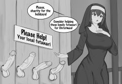 2022 2d 5futas balls ballsack big_breasts big_penis black_and_white blush_lines breasts charity christmas circumcised clothed clothing dialogue english_text erect_penis erection erection_under_clothes eyebrows_visible_through_hair foreskin foreskin_folds fully_clothed futa_only futanari genitals glory_hole greyscale hi_res holidays human intact intersex inviting inviting_to_sex kurofuro light-skinned_futanari light_skin monochrome multiple_futa multiple_penises nun nun's_habit open_eyes open_mouth partially_retracted_foreskin penis retracted_foreskin scrotum sign speech_bubble standing testicles text uncut unseen_futa_face veiny_penis