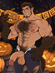 1boy 2023 balls bara bara_tits barazoku beard big_balls big_penis clothing cummytomato facial_hair gay hairy hairy_arms hairy_balls hairy_chest hairy_male half-erect halloween holidays jack-o'-lantern jack_o'_lantern looking_at_viewer male male_focus male_nipples male_only male_pubic_hair manly muscular_male nipples penis pumpkin solo solo_male werewolf yaoi