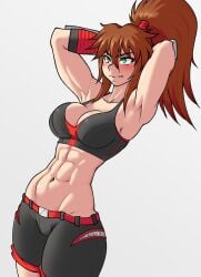 abs big_breasts blush boob_window brown_hair green_eyes kawa-v long_hair muscular muscular_female shorts solo solo_female sports_bra thighs