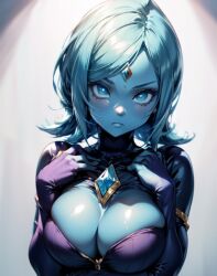 1girls ai_generated blue_body blue_diamond blue_eyes blue_hair blue_skin breasts breasts_squeeze breasts_squeezed_together diamond female female_only fi looking_at_viewer nintendo purple_outfit solo the_legend_of_zelda the_legend_of_zelda:_skyward_sword