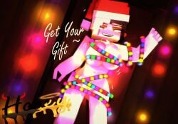 3d big_ass big_breasts big_butt black_and_blonde_hair christmas_hat christmas_lights christmas_outfit christmas_tree female honey_(tah) laying_down mine-imator minecraft nude_female theactualhoney wrapped_in_lights wrapped_up