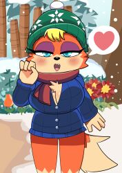 animal_crossing anthro audie_(animal_crossing) blowjob_gesture blush cleavage furry looking_at_viewer no_pants onibi spoken_heart suggestive unbuttoned_shirt winter_clothes wolf_girl wolf_tail