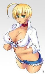 big_breasts blonde_hair bra choker clothing dark_skin green_eyes gyaru kawa-v large_breasts mito_ikumi nipples_visible_through_clothing shokugeki_no_souma short_hair short_shorts solo solo_female