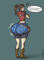 angry ass big_ass blush boots brown_hair bubble_butt butt_expansion claire_redfield crossed_arms denim_shorts dialogue female female giant_ass jacket jiggle ponytail resident_evil resident_evil:_the_darkside_chronicles simple_background solo tail-blazer text