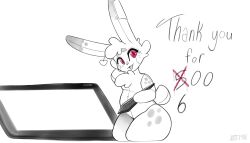 bunny bunny_girl cookie_(just_mae) female furry happy hi_res highres just_mae plushie red_eyes short short_tail signature simple_background smaller_female smile spotted_body spotted_fur stylus tablet tag tail thank_you thick_thighs watermark white_background