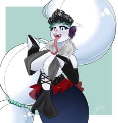 1girls alternate_version_available anthro big_breasts breasts_out cleavage clothing commission female female_only happy hi_res highres just_mae oc sfw_version simple_background skimpy skimpy_clothes smile smiling solo solo_female tongue tongue_out watermark white_eyes white_fur white_hair
