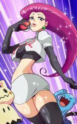 1girls ass blue_eyes breasts clothing female fully_clothed jessie_(pokemon) kawa-v long_gloves long_hair mimikyu nipples_visible_through_clothing pokeball pokemon pokemon_(species) pokemon_trainer purple_hair team_rocket thick_thighs wobbuffet