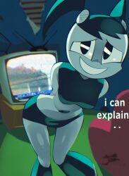 9/11 aetherion_art belly big_breasts breasts embarrassed eyes eyes_open female female_only jenny_wakeman meme my_life_as_a_teenage_robot nickelodeon open_mouth robot robot_girl smile television text thick_thighs thighs tits tv wide_hips xj-9