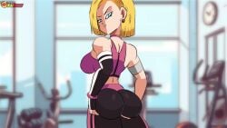 1girls ambiguous_pov android_18 animated ass_focus ass_shake background_music bending_forward bending_over big_ass big_breasts big_butt blonde_hair blue_eyes butt_focus dragon_ball dragon_ball_super dragon_ball_z dubbed_version female female_only funsexydragonball gym gym_clothes gym_uniform jiggle jiggling jiggling_ass looking_at_viewer music pov slapping_own_ass smacking_ass smacking_own_ass solo solo_female sound sound_edit sound_effects spanking thekaimaster07 third-party_edit twerking video voice_acted