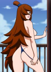 1girls arm_support ass big_ass big_breasts blush brown_hair butt_crack female female_only foureiz from_behind g-string green_eyes huge_breasts large_breasts lipstick looking_at_viewer looking_back makeup mature mature_female mei_terumi nail_polish naruto naruto_(series) naruto_shippuden no_bra panties panty_pull pinup pulled_by_self rear_view sideboob smile solo solo_focus standing taking_off_panties teasing thong topless undressing very_long_hair