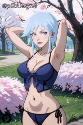 1girls ai_generated armpits arms_behind_head arms_up batman:_assault_on_arkham batman_(series) bikini blue_eyes blue_hair breasts cherry_blossoms cleavage dc dc_comics female firestorm_(series) killer_frost killer_frost_(arkham) large_breasts lips looking_at_viewer louise_lincoln navel outdoors pikkiwynn short_hair solo swimsuit tree