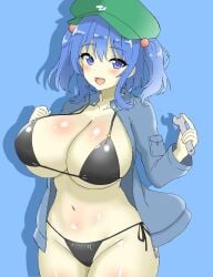 1girls :d big_breasts bikini blue_background blue_eyes blue_hair breasts cleavage curvy curvy_female female female_only happy_female hat huge_breasts jacket light-skinned_female medium_hair navel nitori_kawashiro open_clothes open_jacket shirokumall_246 sideboob solo solo_female thick_thighs thighs touhou twintails underboob wrench