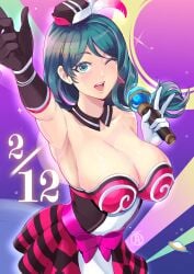 1girls ;d alternate_costume alternate_hairstyle armpits blue_eyes breasts cleavage dress earrings female female_only fire_emblem gloves happy_birthday large_breasts nintendo one_eye_closed oribe_tsubasa revolverwingstudios solo teal_hair tokyo_mirage_sessions_#fe wink