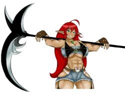 1girls abs aliciaxlife black_bikini_top brown_skin dark_skin denim_topwear elf elf_ears fingerless_gloves green_eyes grinning holding_polearm holding_weapon huge_breasts jammylicentious jean_shorts muscular muscular_female necklace pointy_ears polearm red_hair scythe skimpy_clothes tubetop very_long_hair weapon weapon_over_shoulder white_background