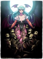 big_breasts blush clothing darkstalkers demon gloves green_eyes green_hair kawa-v large_breasts long_hair moon morrigan_aensland sideboob skeleton small_breasts solo_female succubus thick_thighs wings