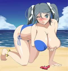 1girls annoyed beach big_breasts blush covering_breasts holding_breast huge_breasts kankoreoeaki1 kantai_collection looking_at_viewer solo_female swimwear tagme