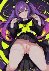 ai_generated ass_visible_through_thighs black_shirt black_skirt bug_(kairiki_bear) bug_(song) female from_below hairpin highres kairiki_bear light_skin looking_at_viewer no_panties no_panties_under_skirt purple_hair pussy smile solo stable_diffusion tags thick_thighs thighs twintails upskirt white_skin yellow_tags