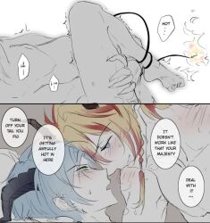 2boys axel_syrios bishonen blonde_hair blonde_hair_male blue_eyes blue_hair blue_hair_male blush blush_lines breath_cloud color comic gay gay_sex grabbing_thigh green_eyes holostars holostars_english holostars_english_-tempus- horns regis_altare skinny tail text text_bubble virtual_youtuber yaoi