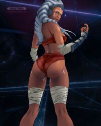 1girls ahsoka_tano alien alien_girl alien_humanoid ass ass_cleavage ass_focus ass_up ass_visible_through_thighs bra breasts christmas christmas_clothing christmas_outfit darkstrator disney_xd female female_only holidays lingerie lingerie_only lingerie_panties looking_back lucasfilm milf panties rear_view red_clothing red_thong solo space standing star_wars star_wars:_ahsoka star_wars_rebels text togruta underwear world_between_worlds