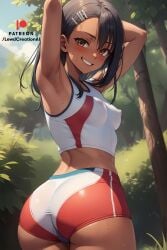 after_workout ai_generated armpit armpit_crease armpit_fetish armpits ass black_hair blush breasts brown_eyes curvaceous curvy dominant dominant_female domination from_behind gym_clothes gym_shorts gym_uniform hair_between_eyes hairclip hayase_nagatoro lewdcreationsai navel nipples please_don't_bully_me,_nagatoro small_breasts smirk smirking stable_diffusion sweat sweatdrop sweating sweaty sweaty_body