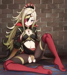 1girls alternate_costume female female_only fire_emblem fire_emblem_awakening fire_emblem_heroes green_hair licking_lips looking_at_viewer naughty_face nintendo nowi_(fire_emblem) nowi_(resplendent)_(fire_emblem) official_alternate_costume on_ground one_eye_covered panties partially_visible_vulva pointy_ears purple_eyes sitting small_breasts solo spread_legs tongue tongue_out underwear yakob_labo yellow_panties