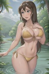 ai_generated ai_upscaled bikini blue_eyes breasts brown_hair civitai cleavage disney female front-tie_bikini hand_on_breast jane_porter large_breasts long_hair mountain raised_eyebrows river side-tie_bikini solo standing standing_in_water tarzan_(1999_film) tree trees underboob water wet wet_hair yellow_bikini