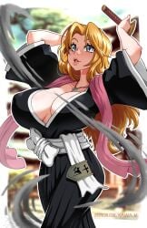 big_breasts bleach jewelry kawa-v large_breasts lips long_hair matsumoto_rangiku nipples_visible_through_clothing orange_hair silver_eyes sword