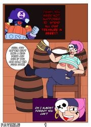 1boy 1girls big_ass big_breasts big_butt brawl_stars breasts busty comic curvaceous curvy darryl_(brawl_stars) dat_ass dialogue drunk english_text eye_patch female gigantic_breasts holding_object looking_at_viewer mini_comic nude page_1 pavinlu penny_(brawl_stars) pirate purple_hair thick_thighs thunder_thighs wardrobe_malfunction wide_hips