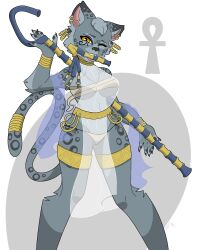 ankh bandage biting egyptian egyptian_mythology fangs grey_fur just_mae oc panties piercing saliva simple_background skimpy skimpy_clothes spotted_body spotted_fur staff tail tail_accessory translucent_clothing yellow_eyes