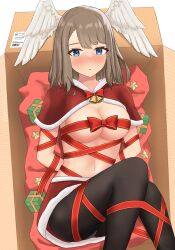 1girls absurd_res alternate_costume bell black_legwear blue_eyes blush blush bondage bound bowtie box breasts breasts_out brown_hair busty christmas curvy embarrassed eunie_(xenoblade) female female_only highres in_box keaworks large_breasts legwear long_hair monolith_soft naked_ribbon nintendo red_skirt ribbon skirt slim_waist thick_thighs thighs tied_up voluptuous wide_hips xenoblade_(series) xenoblade_chronicles_3