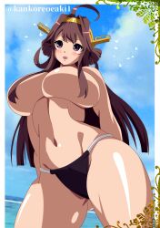 1girls big_breasts bikini huge_breasts kankoreoeaki1 kantai_collection kongou_(kantai_collection) large_breasts looking_at_viewer solo_female