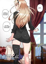 1girls ass bed blonde_hair blue_eyes born_of_itheriont clothed clothing female female_only kawa-v leiko_stauss long_hair one_thighhigh panties solo solo_female stockings text thighhighs thighs