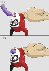 areolae athletic athletic_female batman_(series) breasts dc dc_comics deepthroat dildo dildo_in_mouth female female_focus harley_quinn jester jester_cap jester_hat jester_outfit medium_breasts nipples purpleeyebags quinn_year_(purpleeyebags) sex_toy tagme