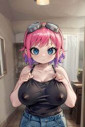 ai_generated ai_hands big_breasts black_tank_top blue_and_pink_hair blue_eyes clothed goggles_on_head nipples_visible_through_clothing partially_visible_nipples pink_hair ramona_flowers scott_pilgrim scott_pilgrim_takes_off tank_top