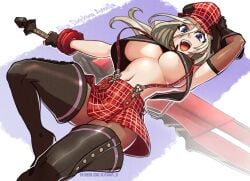 1girls alisa_ilinichina_amiella big_breasts blonde_hair clothing female female_only gloves god_eater hat kawa-v large_breasts long_hair purple_eyes solo stockings thick_thighs thighs underboob weapon