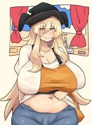 1girls big_belly big_breasts blonde_hair blush breasts brown_eyes cleavage clothed_female doodle goddess hat huge_breasts light-skinned_female long_hair notnoe_(dxcl) okina_matara pants request smile solo solo_female touhou